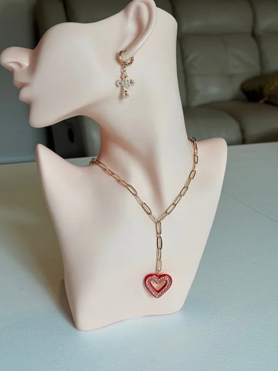Gold Chain Necklace with Red Heart Pendant - Picture 4 of 7